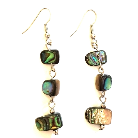 VINTAGE TRIPLE SQUARE RAINBOW ABALONE SHELL DANGLE DROP HOOK 2.5" EARRINGS - Picture 8 of 10